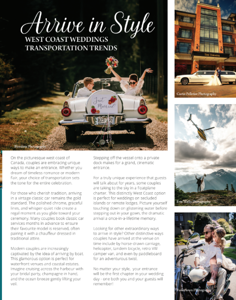 bride and groom driving off in vintage car 2025 West Coast Weddings magazine