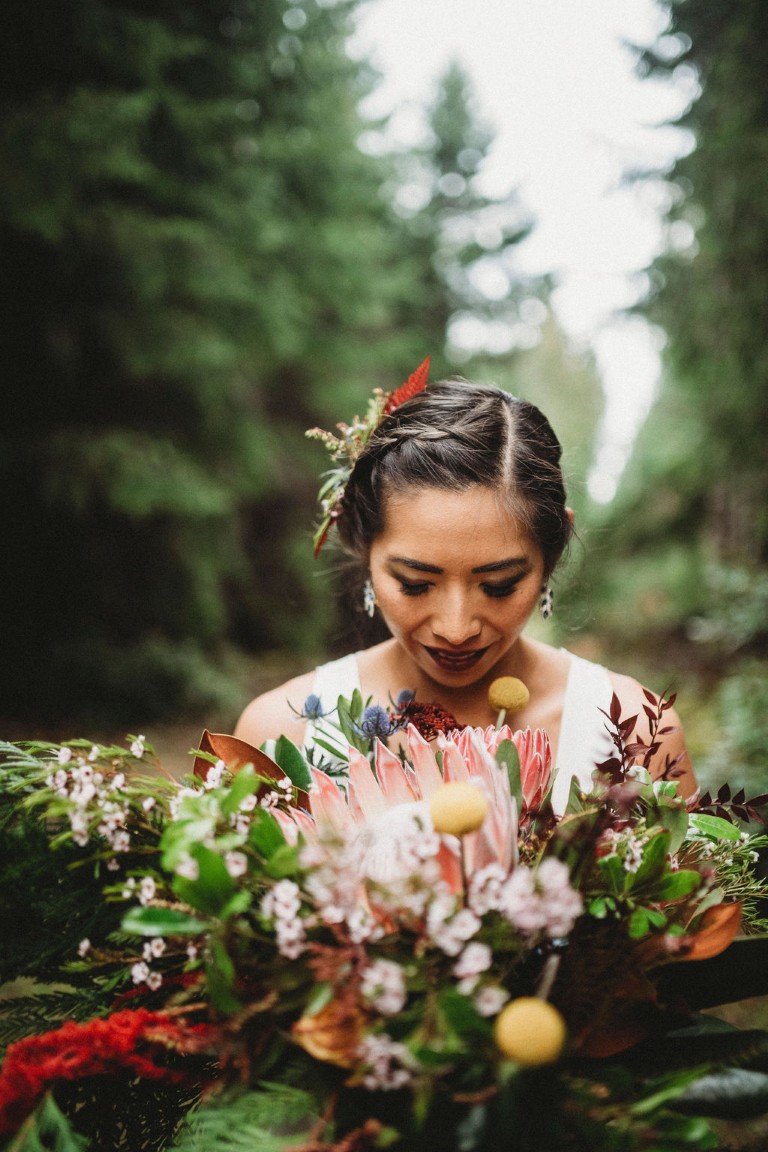 Bride with updo and flowers in her hair 